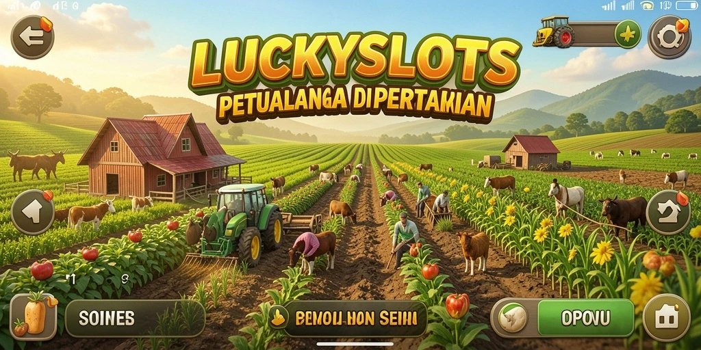 Screenshot gameplay LUCKYSLOTS menampilkan aktivitas bertani yang seru.