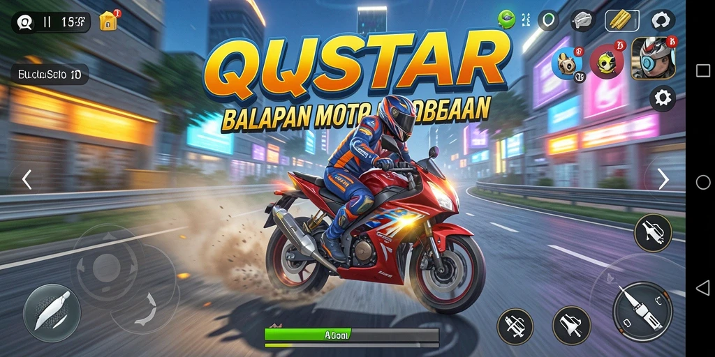Tampilan utama gameplay QQSTAR dengan aksi balapan motor yang seru.