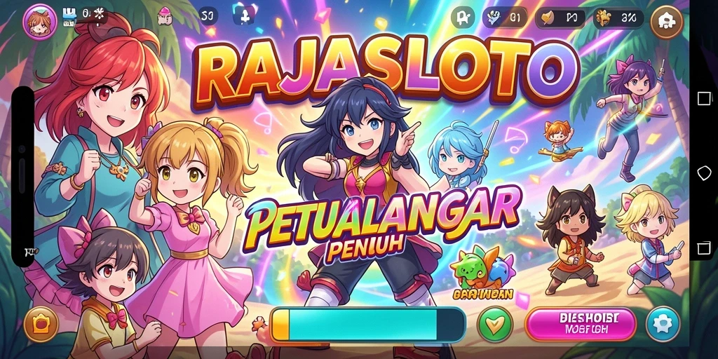 Tampilan seru gameplay RAJASLOTO dengan karakter anime yang berwarna-warni.